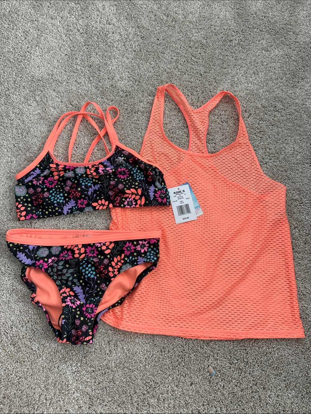 Girls Floral Bikini Set with Coral Mesh Tank